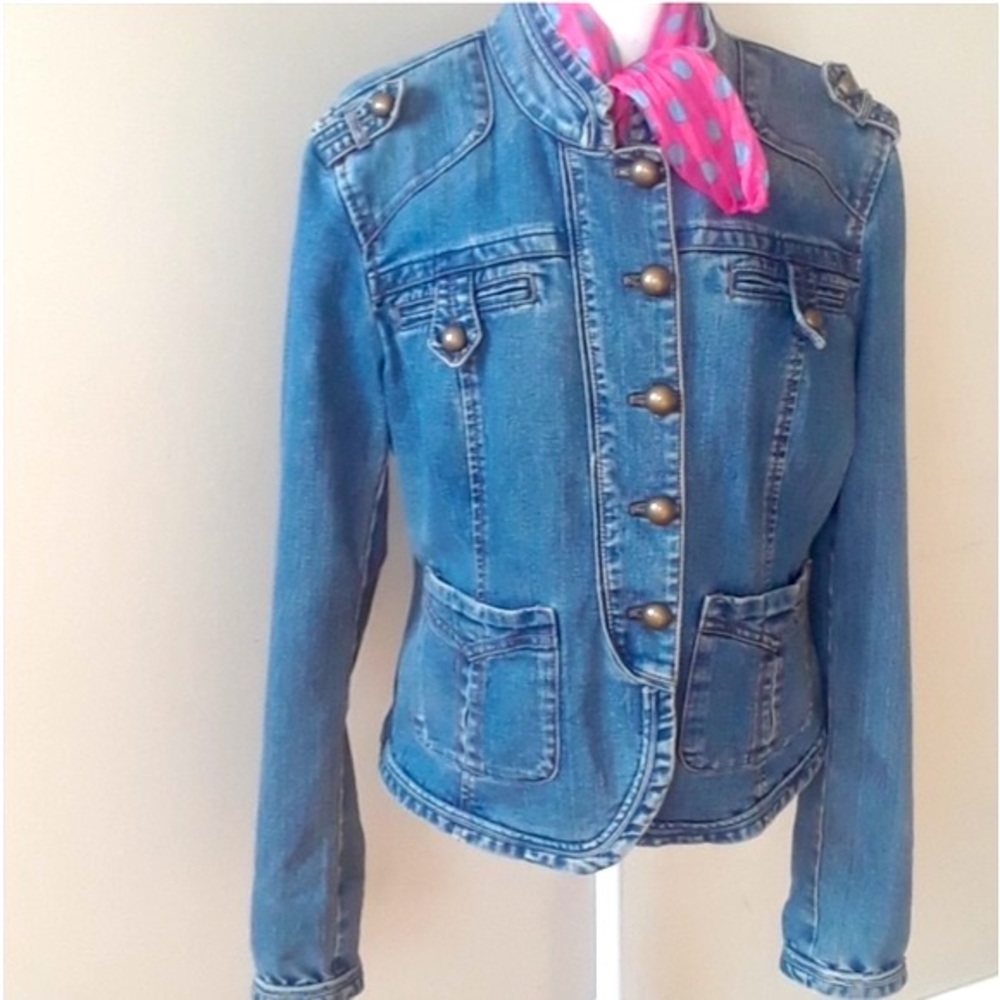 Vintage DKNY Denim Military Jacket with Bronze Buttons - Picture 9 of 10